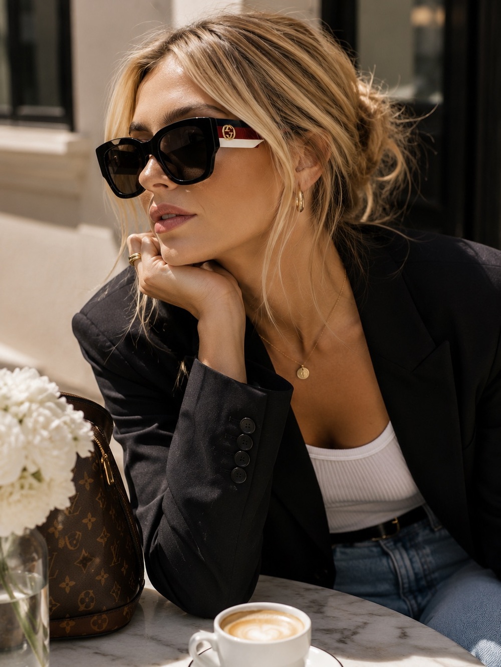 Women's Black Sunglasses with Navy, Red & White Accent - Gucci